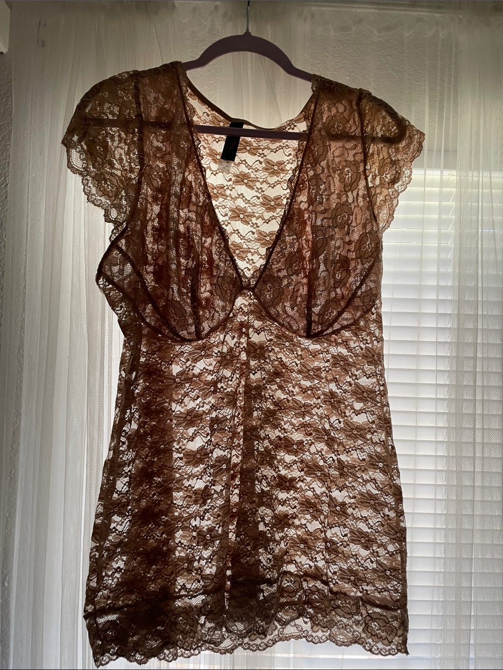 Brown Lace Sheer Tunic Top